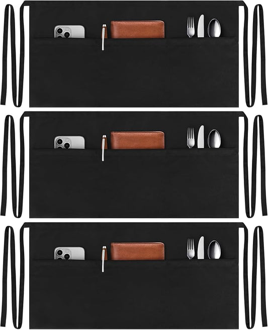 NLUS 3 Pack Server Aprons with 3 Pockets, Water Oil Stain Resistant Waitress Waiter Apron Black Waist Aprons Bistro Apron for Women Men, 24 X 12 inch by NLUS