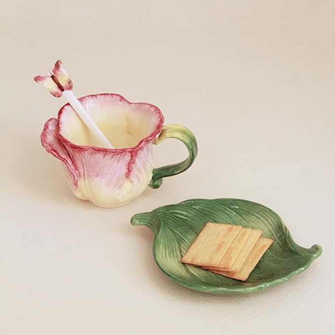 Ceramic Tea Cup and Saucer Set ，6OZ 3D Hand-Painted Flower Coffee Mug，Gift for Women -Pink Tulip