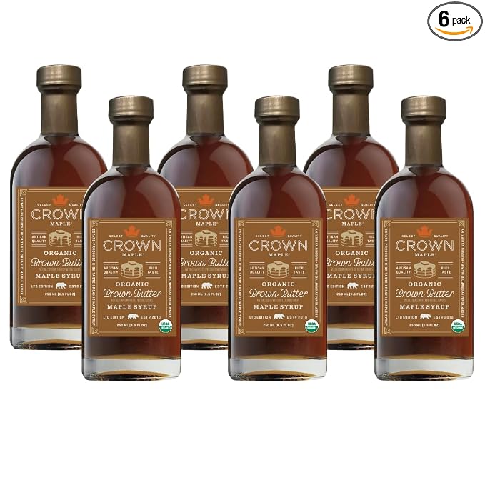 Crown Maple Certified Organic Brown Butter Flavor Maple Syrup, Gluten Free, No Preservatives, Non-GMO Pancakes, Waffles, and French toast Breakfast Topping, 8.5 Fl Oz (Pack of 6) by CrownMaple