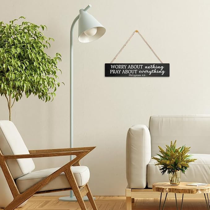 AGMDESIGN Worry About Nothing Pray About Everything Bible Verse Wood Sign, Christian Hanging Wooden Plaque for Prayer Room Church Bedroom Home, Faith-Based Wall Decor for Shelf Desk Door - Image 6