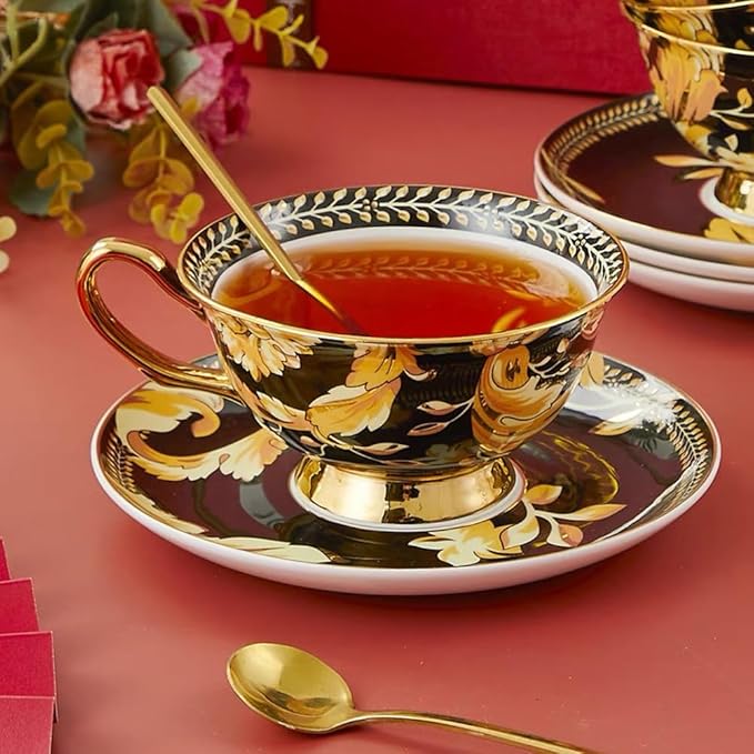 Cup& Saucer Set Bone China Tea Coffee Cup for Breakfast Afternoon Tea- Phoenix Feather (Black)
