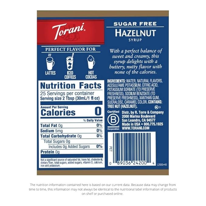 Torani Sugar Free Hazelnut Flavored Drink Syrup, 25.4 fl oz (Pack of 4)