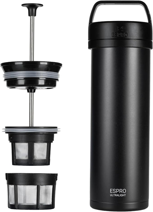 ESPRO P0 Ultralight French Press Coffee Maker for Travel, Vacuum Insulated Stainless Steel, 16 Ounces, Matte Meteorite Black