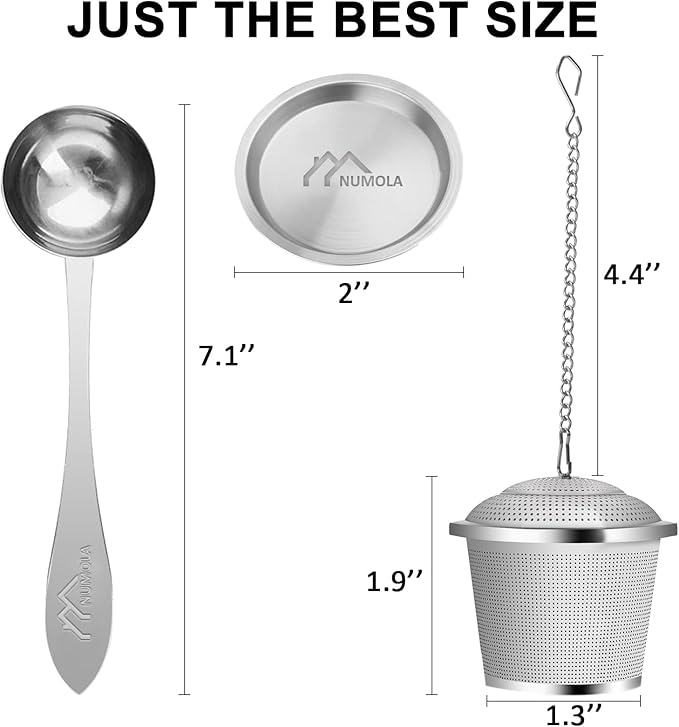 Numola Tea Infuser for Loose Tea, Loose Leaf Tea Infusers Set, Fine Mesh Tea Steeper with Spoon and Drip Trays, Tea Diffusers with Extented Chain Hook for Tea Lovers