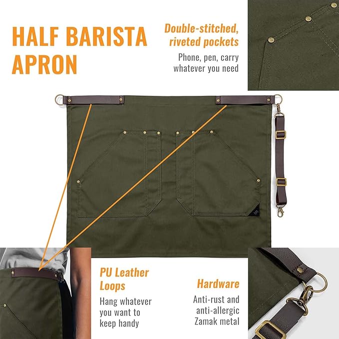 Under NY Sky Half Barista Apron - Brown Leather Strap - Riveted Pockets - Double Stiched - Leather Loop - Professional Twill - Bistro, Restaurant, Waiter, Bartender, Server - Green Half Waist Apron