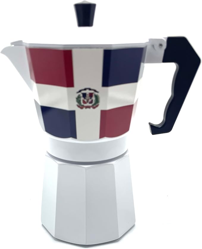 PRK 14 Dominican Republic Coffee Greca Pot – Classic Domicano Stovetop Espresso Maker with DR Flag Design – Traditional Moka Style Cafetera for Rich Dominican Cafe at Home 6 Cups