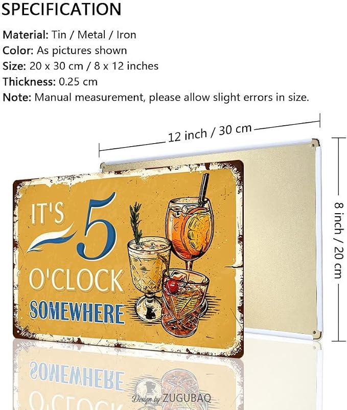Vintage Tin Signs Wall Decor, It's 5 O'clock, Somewhere, Retro Metal Sign for Outdoor Indoor Home Beach Garden Tub Bar Farmhouse Cafe Gate Fence 8X12 Inch Decorations - Image 2