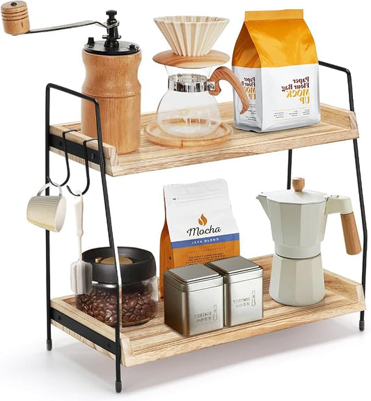 2-Tier Coffee Station Organizer for Countertop, Wooden Coffee Bar Organizer with 2 Cup Hooks, Countertop Storage for Bathroom, Kitchen, Holiday Decorations by Honlibey