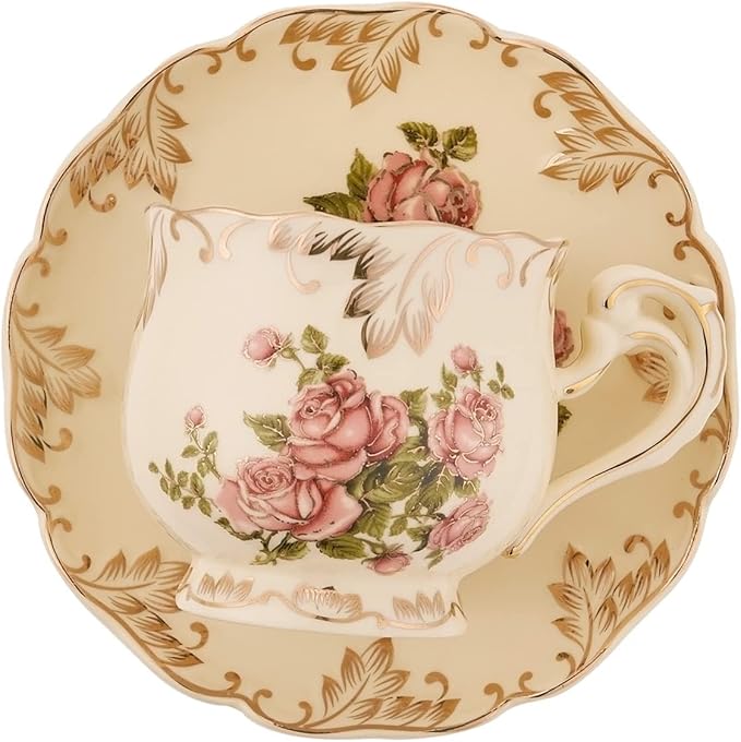 Tea Cups and Saucers Set of 2, 8 Oz Ivory Rose Floral Porcelain Teacup and Saucer Set with Spoon, Vintage Tea Cups with Gold Trim, European Style (Pink Rose)