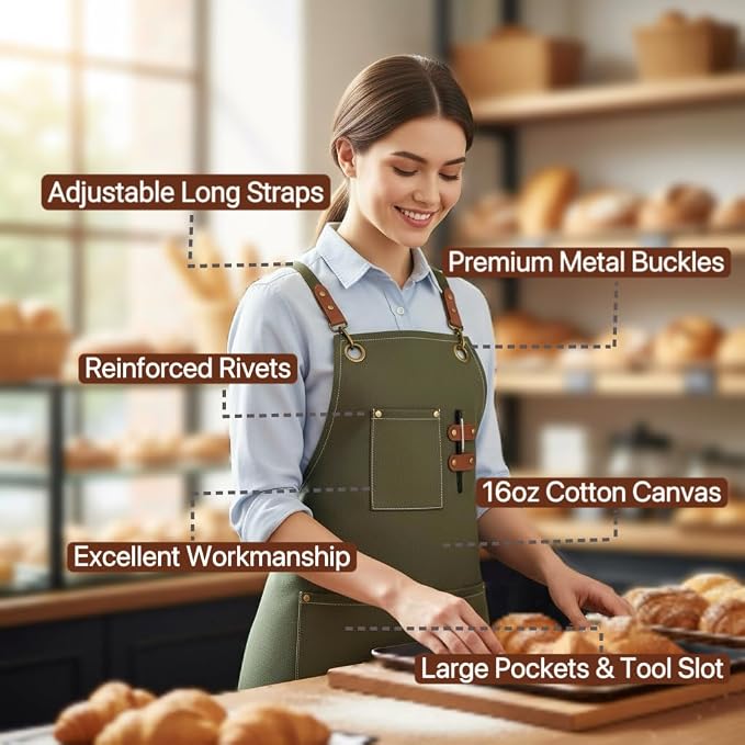 Aprons for Men Women with 3 Pockets, 16oz Cotton Canvas Chef Apron | Crossback Heavy Duty Kitchen Apron for Cooking, Durable Work Apron for Grilling, Baking, Hairstylist, Bartender, Barista, Art - Image 5