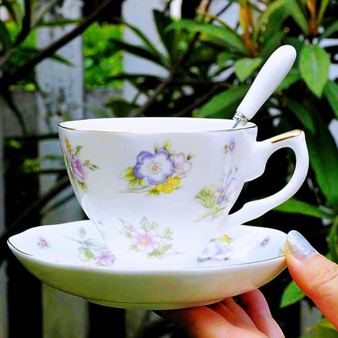 British Bone China Coffee Cup with Saucer and Spoon for Latte Americano Cups with Saucer Porcelain Tea Cup Set, Cups and Saucers 3 Piece Set（6.8oz） (A-white)