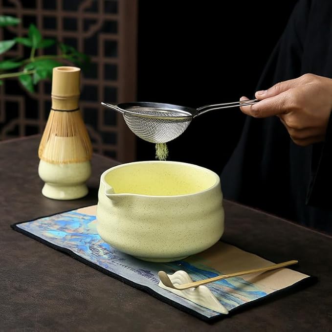 7 matcha whisk set 1 Matcha Whisk ，Matcha Bowl with Pouring Spout Scoop Matcha Whisk Holder Tea Making Kit. 1 matcha whisk set (7pcs), 15.2 Ounce (Yellow)