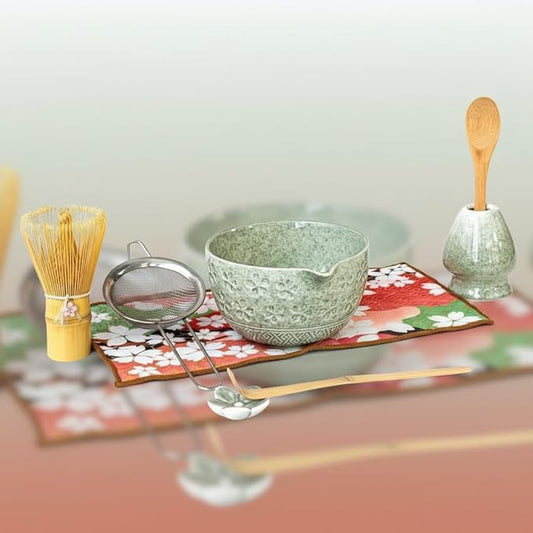 Matcha Whisk Set with Matcha Bowl, Matcha Bamboo Whisk, Scoop, Sifter, Matcha Whisk Holder Unique Gifts for Friend Home Kitchen Decor Gifts for Christmas, Birthday,Halloween(Green)