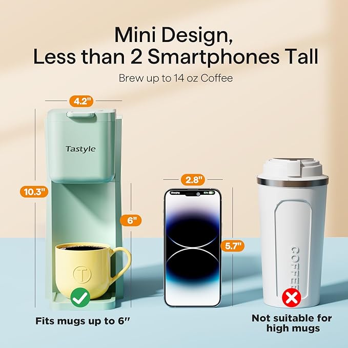 Mini Hot and Iced Coffee Maker Single Serve, for K Cup and Ground, 6 to 14 Oz Brew Sizes, with Recipe Book, for Home, Travel, RV, Office and Dorm, Mint