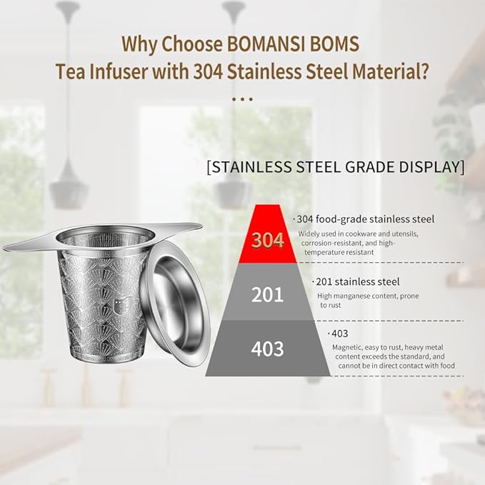 2Pack Extra Fine 18/8 Stainless Steel Tea Infuser BOMANSI BOMS Tea Strainer with Large Capacity & Perfect Size Double Handles for Hanging on Teapots, Mugs, Cups to Steep Loose Leaf Tea and Coffee