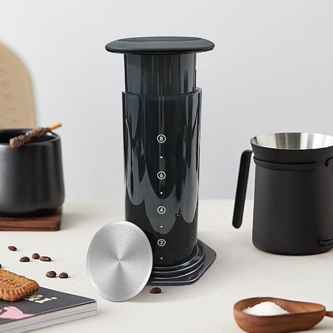 Metal Coffee Filter with Plunger Cover Lid Compatible with Aeropress XL Coffee Maker Reusable Accessories Parts Stainless Steel Filters and Silicone Travel Cap