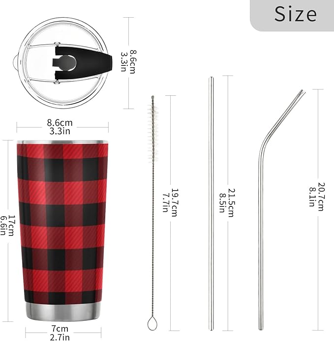 Tumbler Tartan Checker Plaid Red Black Insulated Office Coffee Cup Back to School Beverage Container Travel Mug with Straw and Lid Double Wall Stainless Steel 20oz