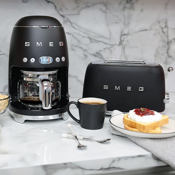 Smeg 50's Retro Style Aesthetic Drip Coffee Machine with 10 Cup Glass Carafe, Auto Start Feature, Keep Warm Plate, and Two Coffee Strength Settings (Matte Black)