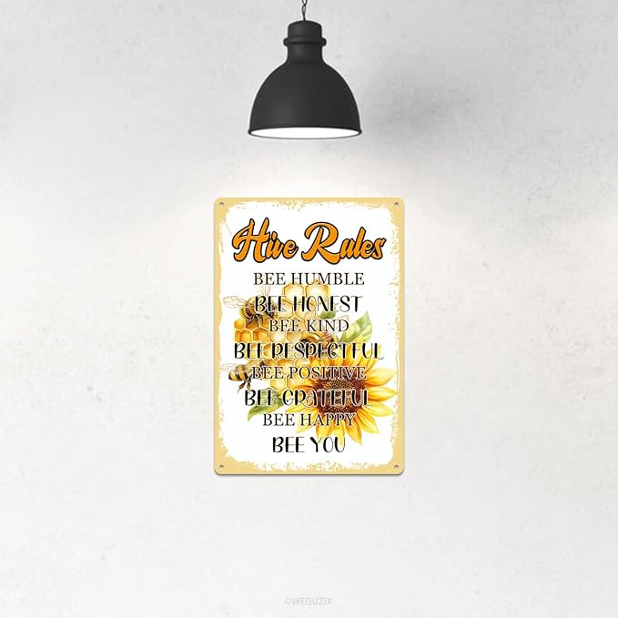 Bee Hive Rules Sign Bee Humble Honest Kind Respectful Positive Grateful Happy Print Poster Wall Decor Vintage Garden Metal Signs Home Bar Kitchen Cafe 12x8 Inch Aluminium Hanging Plaque - Image 4