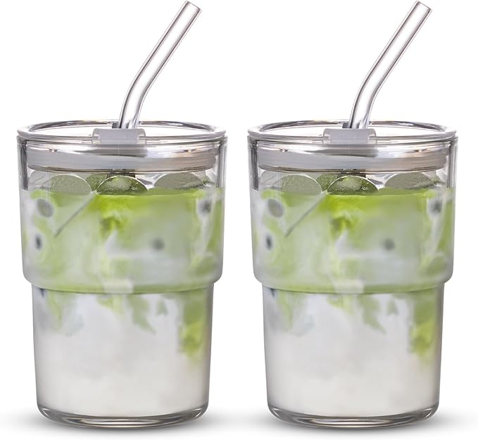 13oz/400ml Tumbler Water Glass, Cups with Straw and Lid Sealed Carry on for Coffee, Iced Tea, Thick Wall Insulated Glass Cup (white,2pack)