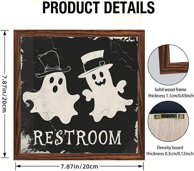Vintage Halloween Cute Ghosts Bathroom Decor Restroom Wooden Sign 7.87x7.87 Inch, Halloween Wall Art Wooden Sign For Bathroom, Cafe, Bar, Office Hanging Decor - Image 4