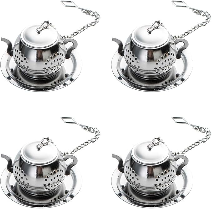 4Pcs Tea Balls for Loose Leaf, Stainless Steel Tea Infusers for Loose Tea, Tea Strainers with Chain Hook and Saucer (Silver)
