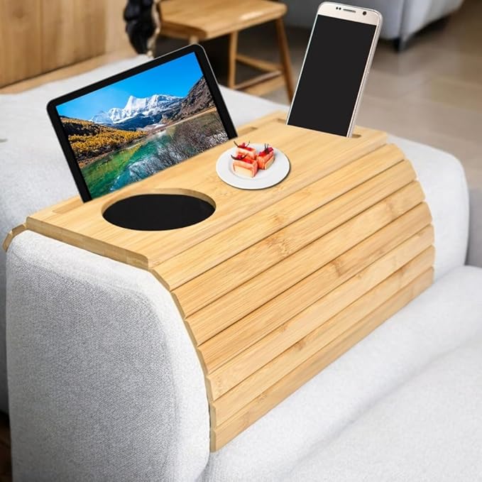 Bamboo Sofa Arm Tray, Couch Armrest Tray - Natural Bamboo Design Couch Armrest Table Caddy for Snacks, Drinks, Remote, Cups | Flexible & Foldable (Natural Bamboo)