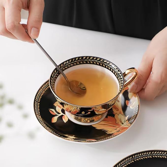 Cup& Saucer Set Bone China Tea Coffee Cup for Breakfast Afternoon Tea- Phoenix Feather (Black)