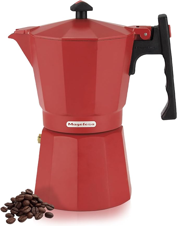 Magefesa Colombia Red Stovetop Espresso Moka Pot, 6-Cup/10 oz, Italian Coffee Maker for Cuban Coffee, Extra-Thick Aluminum, Heat-Resistant Handle, Safe & Easy-to-Use, Greca Coffee Maker