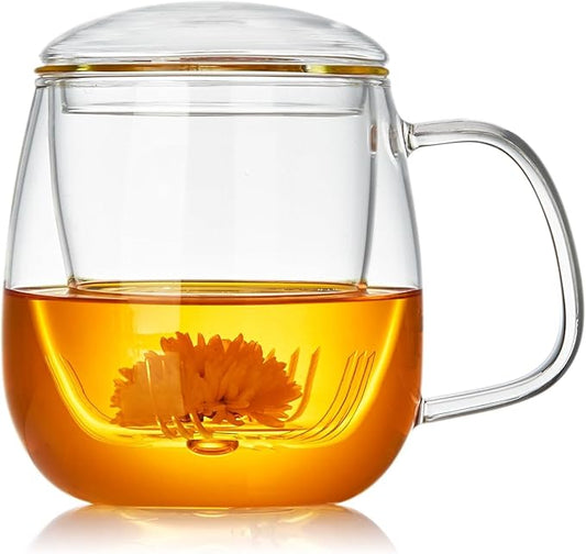 Large Glass Tea Cup, 34 oz Borosilicate Glass Tea Mug with Infuser and Lid, 1000ML Clear Tea Cups for Brewing Scented Tea and Tea Bag.