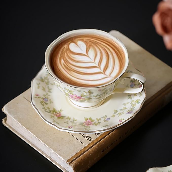 8 oz Vintage flower Ceramic cup and 6" saucer set with Brand customized stainless steel spoon Gifts for Afternoon Tea Coffee Hour (D)