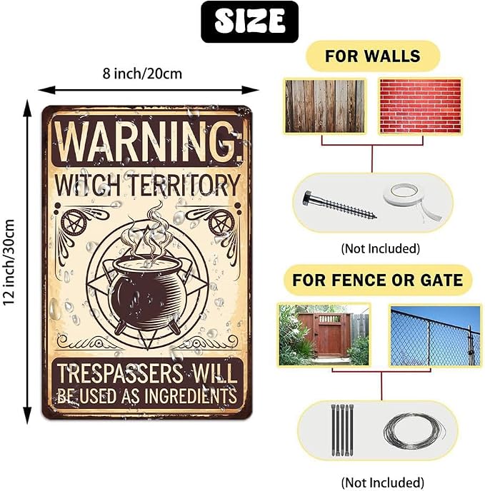 Vintage ''Warning Witch Territory'' Metal Sign - 8x12 Inch, Gothic Witch House Plaques Art Sign For Porch, Yard, Pubs, Cafe, Garage Decor, Halloween Party Accessories, Halloween Decor - Image 2