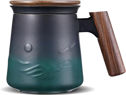 ZENS Embossed Ceramic Tea Mug with Infuser and Lid, 14.5 oz Wooden Handle, Loose Leaf Tea Steeper Mugs & Strainer for Tea Lovers Gifts