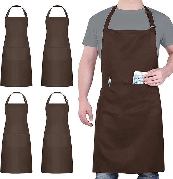 4 Packs Chef Apron, Waterproof Apron, Adjustable Aprons with 2 Pockets for Men Women, Professional Aprons for Kitchen Cooking Gardening Painting Baking Restaurant (Coffee) by loteaf
