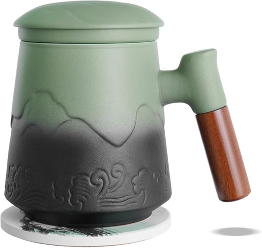 ZENS Tea Mug with Infuser and Lid for Loose Leaf Tea Steeper, 15.2oz Ceramic Tea Cup with Fine Tea Strainers and Absorb Coaster, Wood Handle Large Diffusers Mugs Tea Lovers Gifts