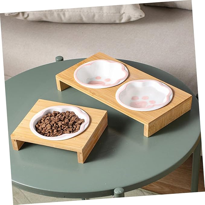 Milisten Elevated Cat Bowl Whisker-Friendly Bamboo Stand Ceramic Pet Feeding Bowl for Kitten Vomiting Relief