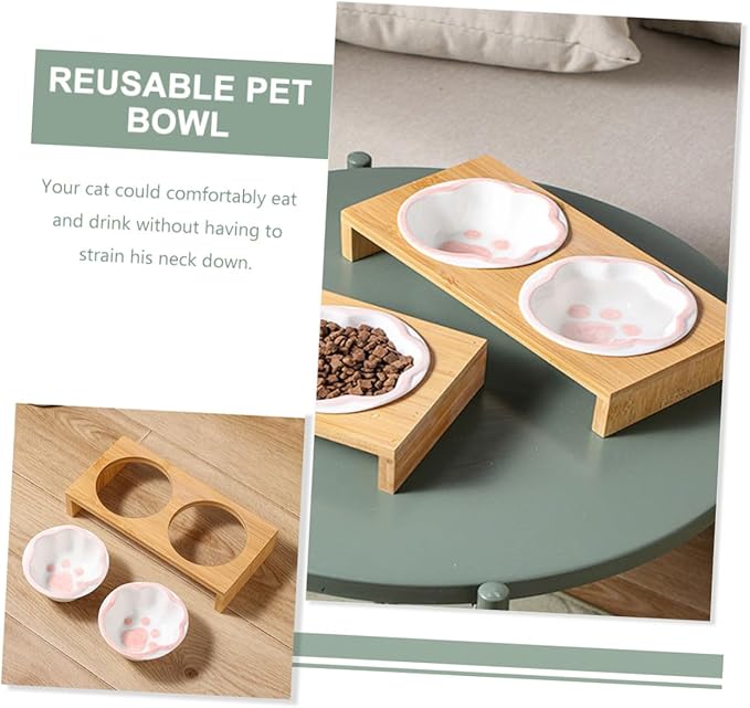 TOYANDONA Ceramic Raised Cat Bowl Whisker-Friendly Design Bamboo Stand for Kitten Feeding Easy to Clean