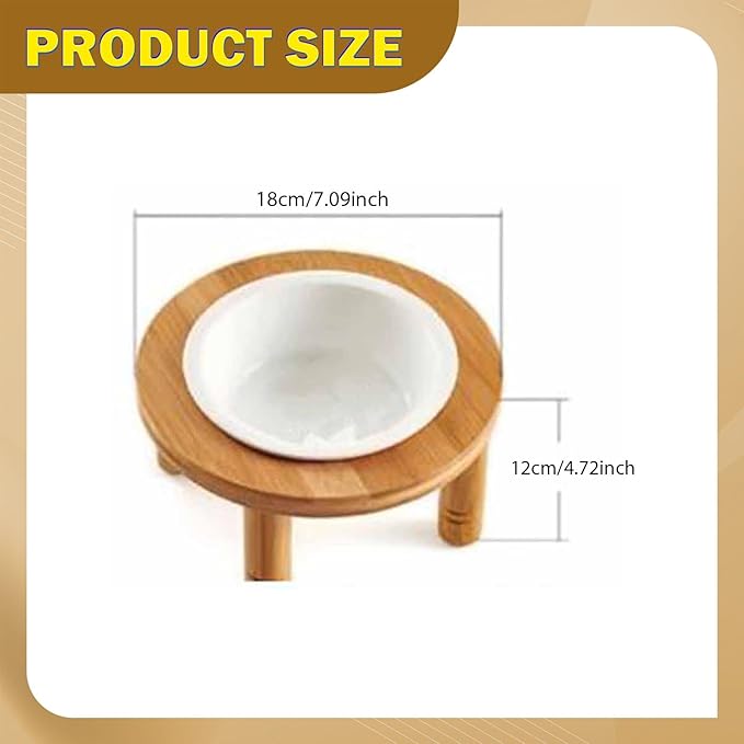 Elevated Cat Bowl Ceramic Bowl Feeder Bamboo Wood Stand Whisker Water Assembly Suitable for Indoor Feeding Pet Owne, 18cmx18cmx12cm