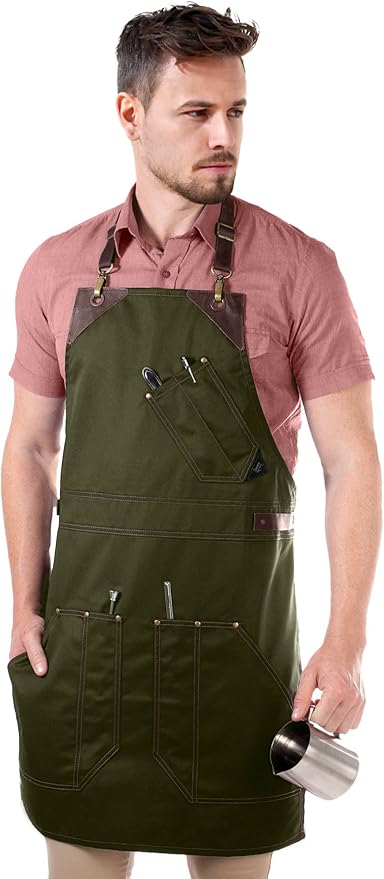 Under NY Sky Barista Apron - Brown Leather Straps and Reinforcement - Riveted Pockets - Double Stiched - Leather Ring Loop - Professional Green Twill - Double as Half Bistro Apron - Chefs, Bartender