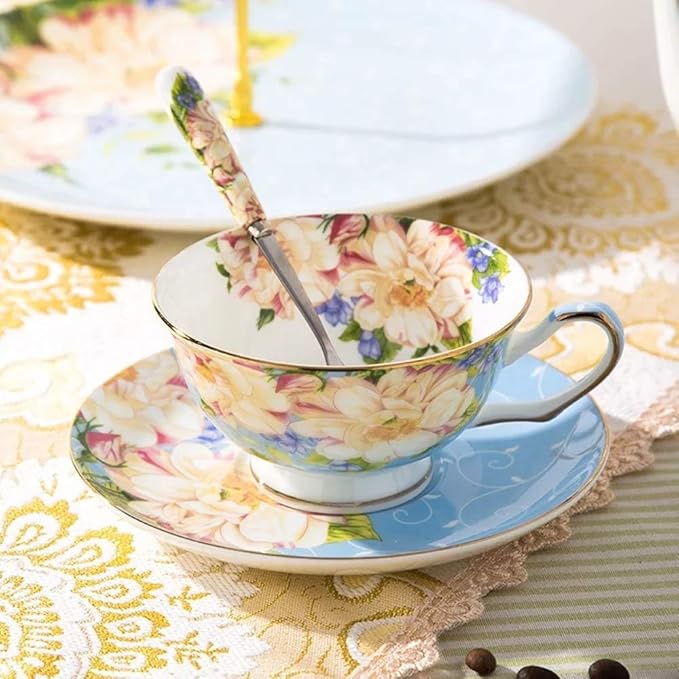 Vintage Ceramic Teacup, Elegant Coffee Cup with Spoon and Saucer Set, Fine Royal Bone China Tea Cups (Blue)