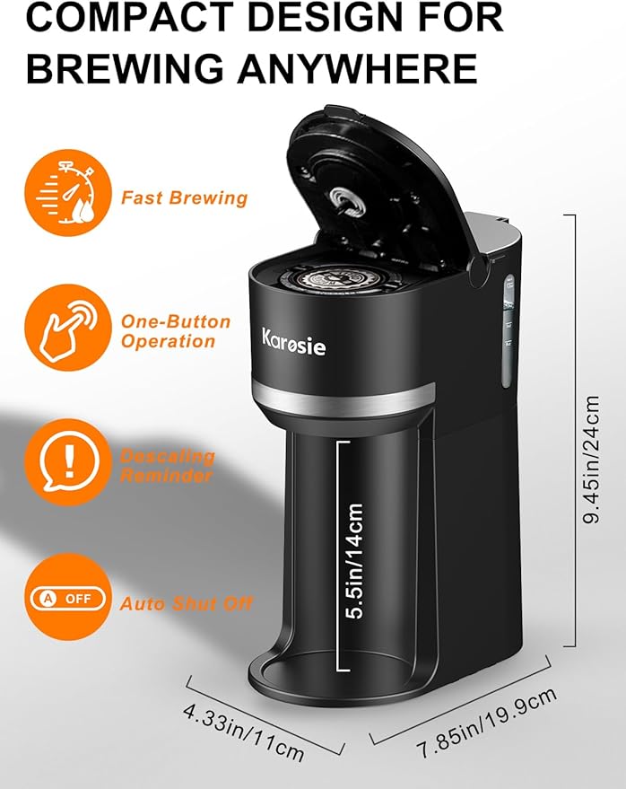 Single Serve Coffee Maker for K-Cup and Ground Coffee, Fast Brew, 6-12 oz Brew Sizes One Cup Coffee Machine Fits 5.5" Mugs, One-Button Small Coffee Maker, Descaling Reminder,Black,9.45 Inches