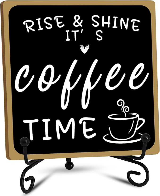 Wooden Coffee Bar Sign Coffee Bar Decor, Coffee Bar Decorations Black and White with Iron Stand Bar Tabletop Shelf Accessories, Coffee Signs Decors for Coffee Station Home Farmhouse Kitchen & Office by HINGTAI