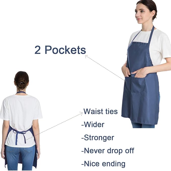 Total 6PCS Blue Bib Apron Adult with 2 Pockets for Women Men Chef Cooking Kitchen (6, Deep Blue) - Image 3