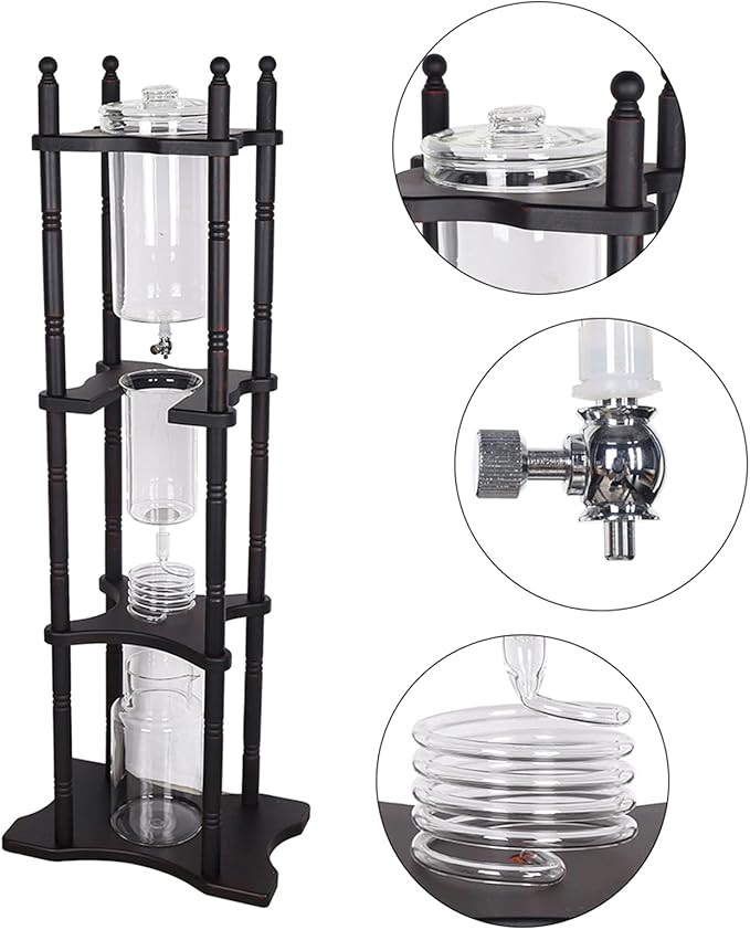 Cold Drip Coffee Maker, 2.5L Large Capacity Cold Brew Coffee Tower, Slow Drip Japanese Cold Brew Maker, with Wood Straight Frame, for Home, Coffee Shop (Black)