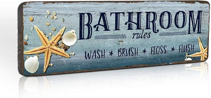 Tiancentral Beach Themed Bathroom Decor Rustic Bathroom Signs Seashells Bathroom Rules Sign Farmhouse Guest Bathroom Beach Decor Sign by 16x4 inches, Blue by Unknown