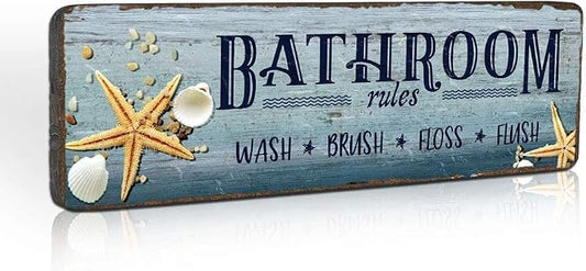 Tiancentral Beach Themed Bathroom Decor Rustic Bathroom Signs Seashells Bathroom Rules Sign Farmhouse Guest Bathroom Beach Decor Sign by 16x4 inches, Blue by Unknown
