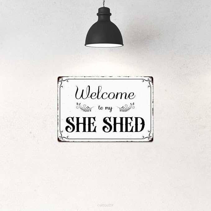 Welcome to my She Shed Sign Retro White Art Print Poster Wall Decor Vintage Garden Metal Signs Outdoor Home Bar Kitchen Cafe Farmhouse 12x8 Inch Aluminium Hanging Plaque - Image 4