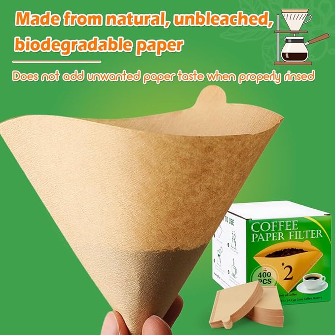 BYKITCHEN 400PCS Cone Coffee Filters 02, Disposable Natural Unbleached Pour Over Paper Coffee Filter Cone Shaped #2, Compatible with Pour Over Dripper & Drip Coffee Maker Filter Basket(1–4 Cup)