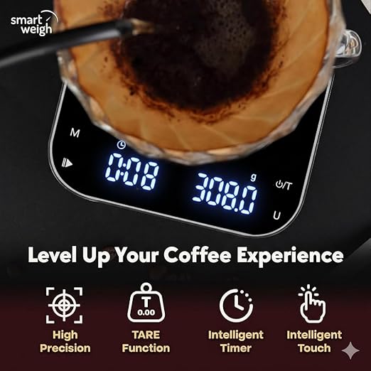 Smart Weigh Coffee Scale with Timer, Precision Espresso & Tea Digital Scale, Espresso Machine Accessories for Pour-Over Coffee, Travel Food Scale, LED Display, Rechargeable USB-C - 3kg/0.1g