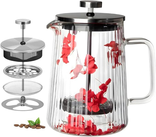 Glass French Press Coffee Maker 22oz (Red Floral) – Double-Wall Borosilicate Ribbed Coffee Press with Stainless Steel Filter, Manual Coffee Brewer & Tea Press